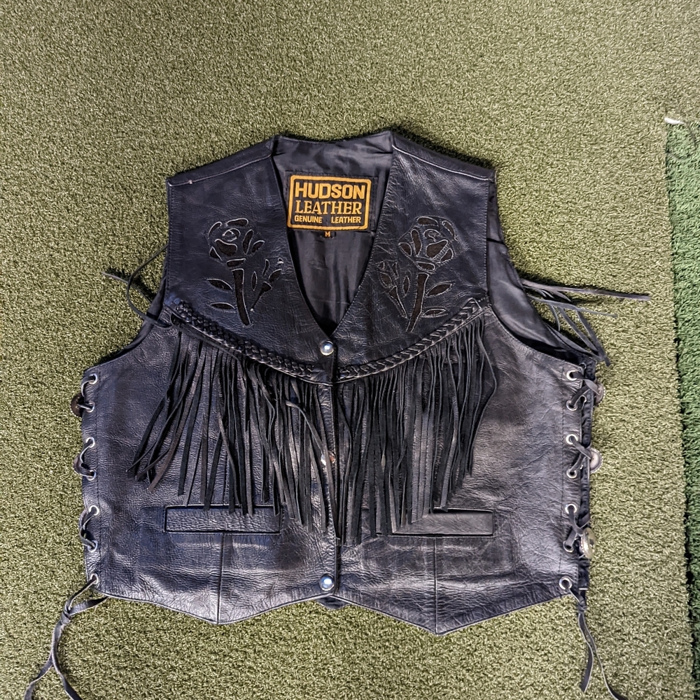 Vintage Leather Motorcycle Biker Vest with Roses Fringe Concho